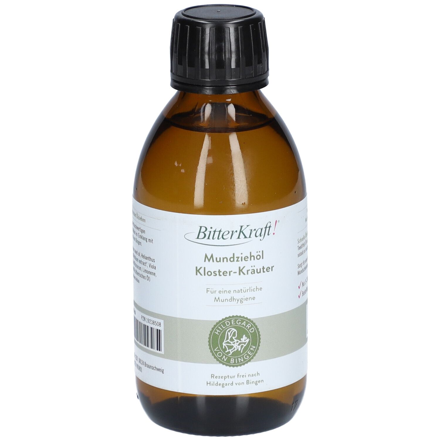 Braune Glasflasche mit schwarzem Deckel. Etikett mit Produktname und Logo. Text: Mundziehöl Kloster-Kräuter.