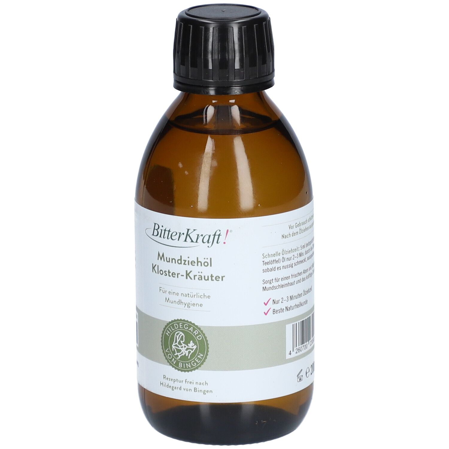 Braune Glasflasche mit schwarzem Deckel. Etikett mit Produktname und Logo. Text: Mundziehöl Kloster-Kräuter.