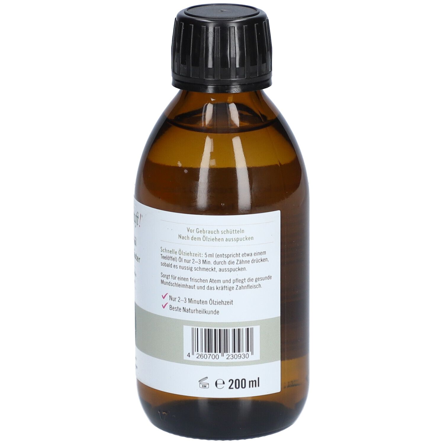 Braune Glasflasche mit schwarzem Deckel. Rückseite mit Etikett. Text: Anwendungshinweise, Barcode, Volumen.