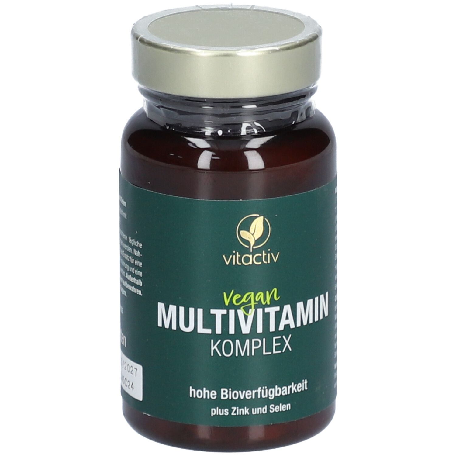 Braune Glasflasche mit grünem Etikett. Aufschrift: Vegan Multivitamin Komplex. Mit Zink und Selen.