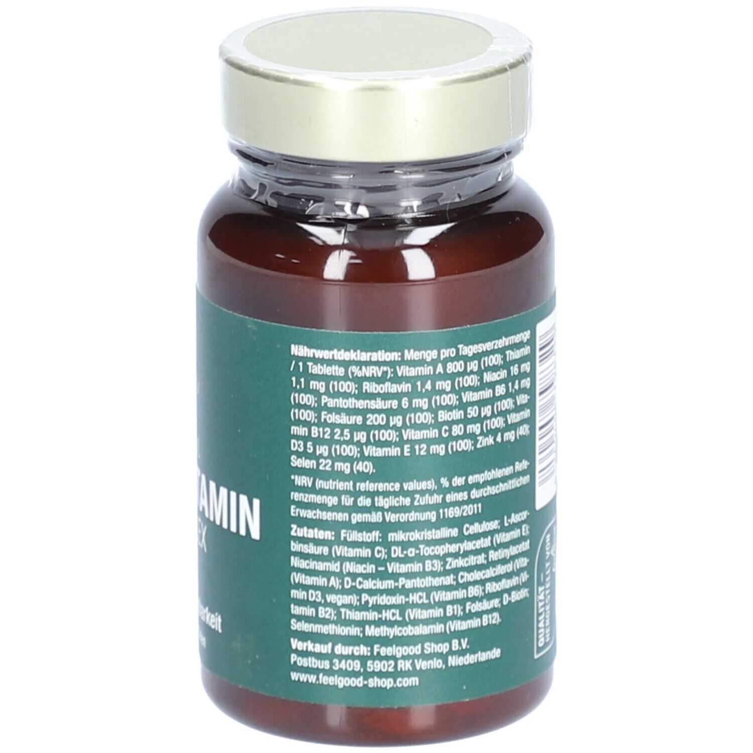 Rückseite der Flasche. Text: Nährwertdeklaration, Zutaten. Verkauft von Feelgood Shop B.V.