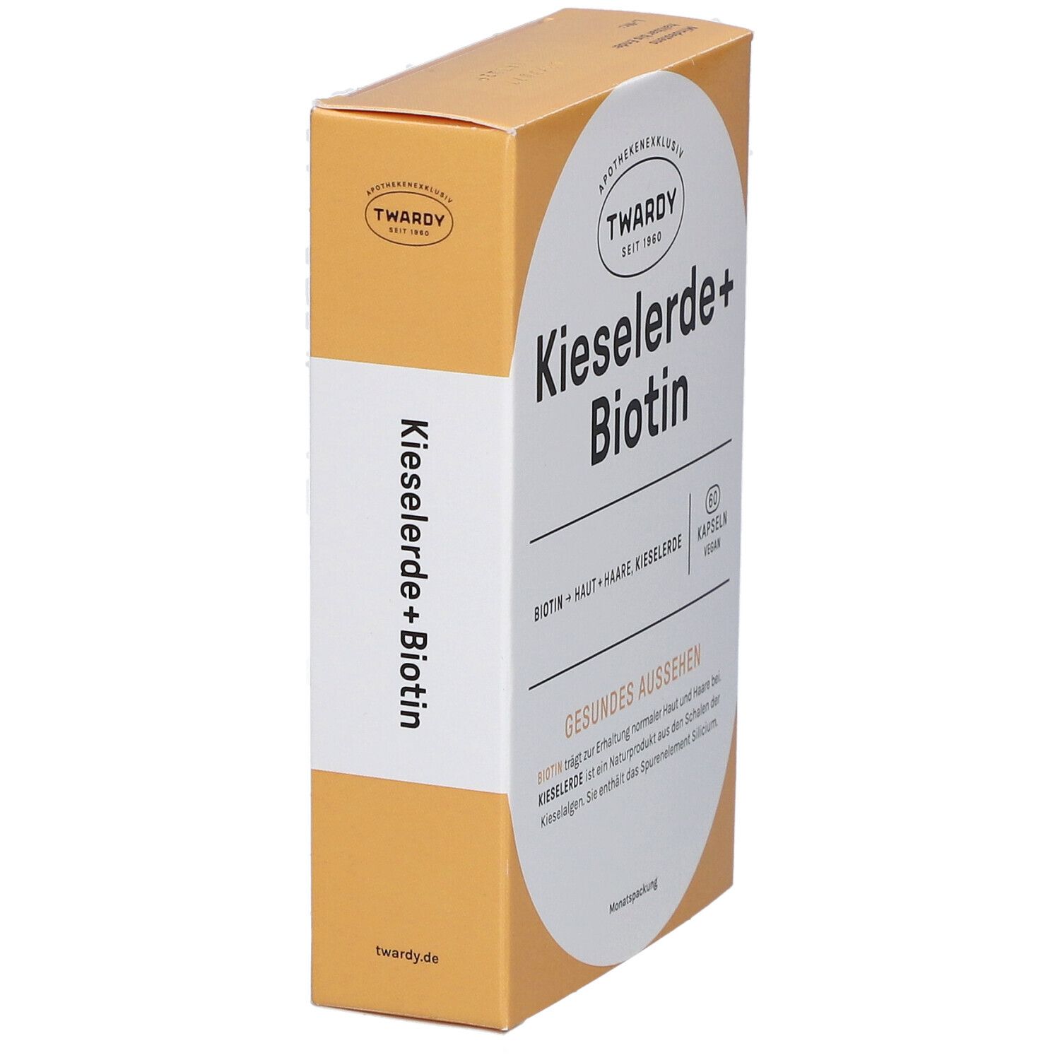 Boîte de gélules. Inscription : Kieselerde+Biotin. Marque : Twardy. Emballage jaune et blanc.