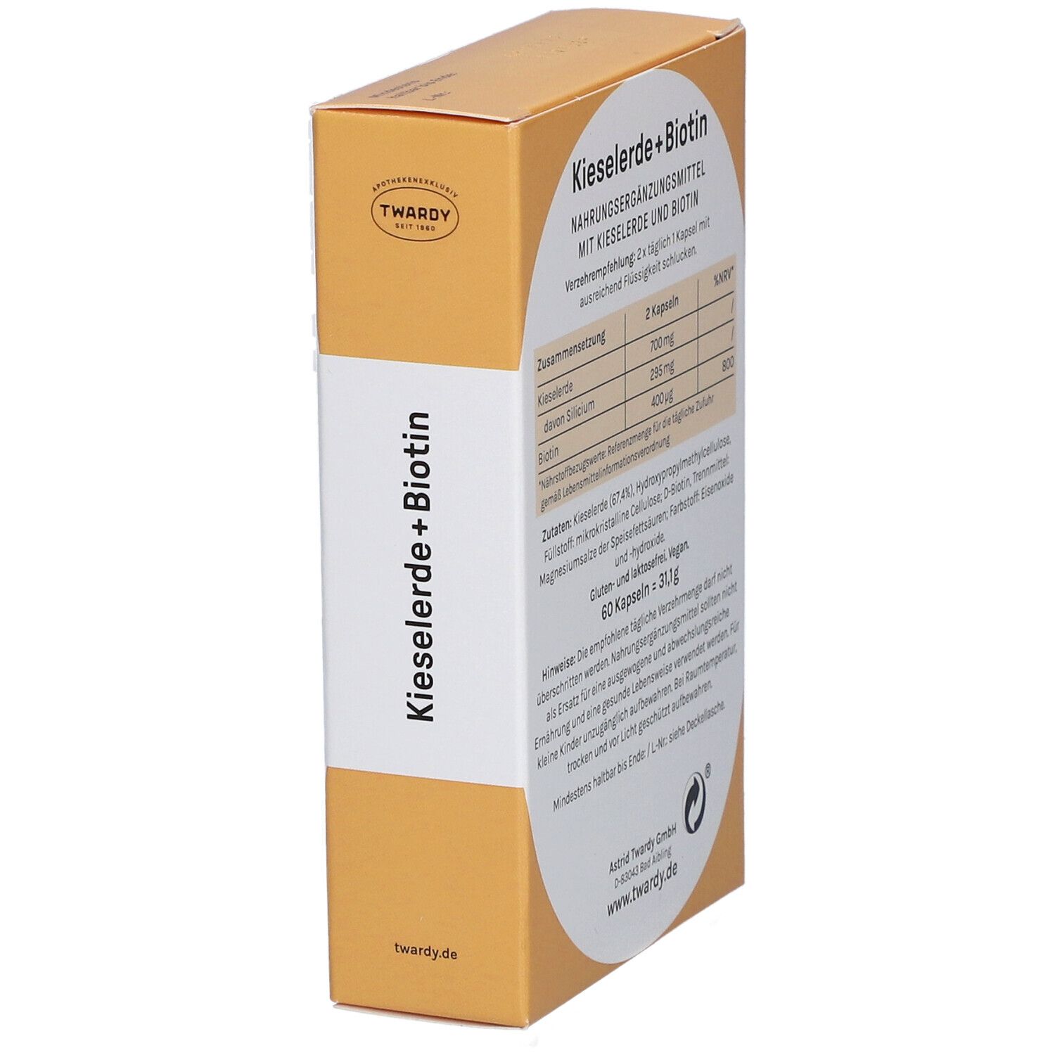 Emballage de gélules. Inscription : Kieselerde+Biotin. Informations sur les ingrédients et les valeurs nutritionnelles. Marque : Twardy.