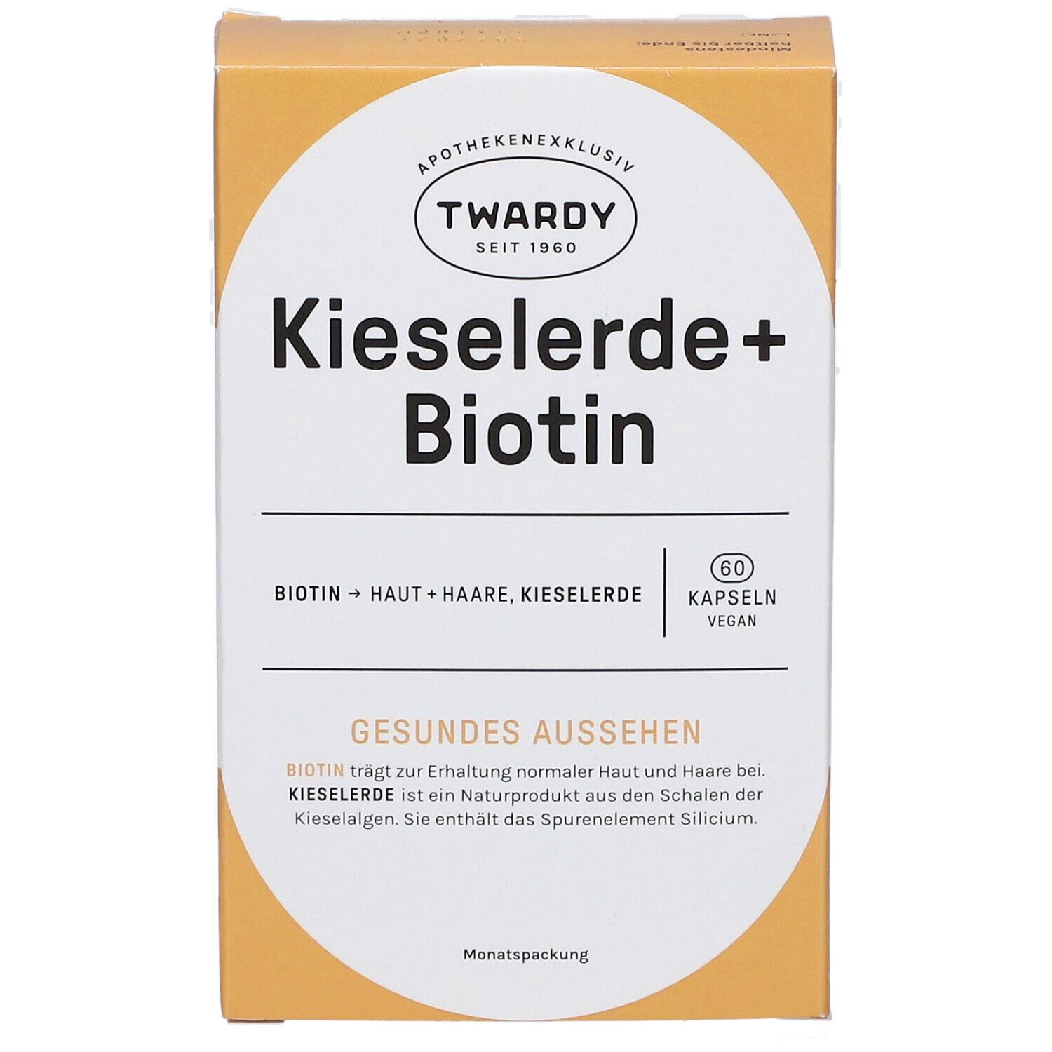 Boîte de gélules. Inscription : Kieselerde+Biotin, 60 gélules, vegan. Marque : Twardy.