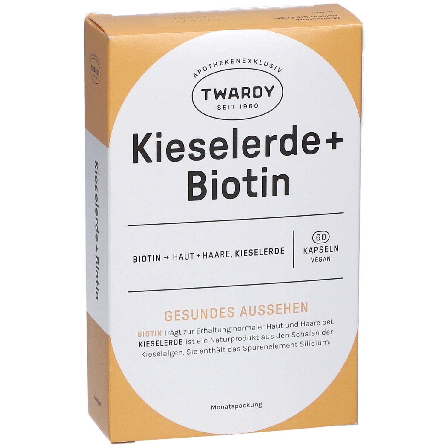 Boîte de gélules. Inscription : Kieselerde+Biotin, 60 gélules, vegan. Marque : Twardy.