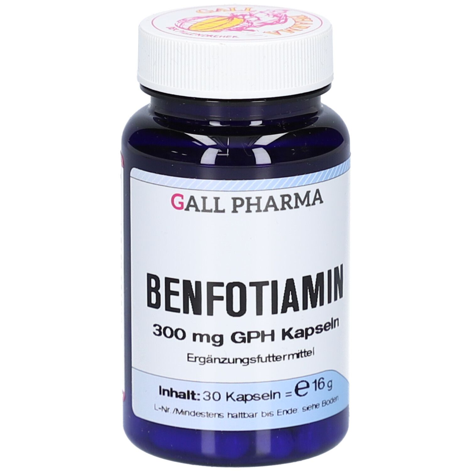Blaue Flasche mit weißem Deckel. Aufschrift: Benfotiamin 300 mg GPH Kapseln. Inhalt: 30 Kapseln.