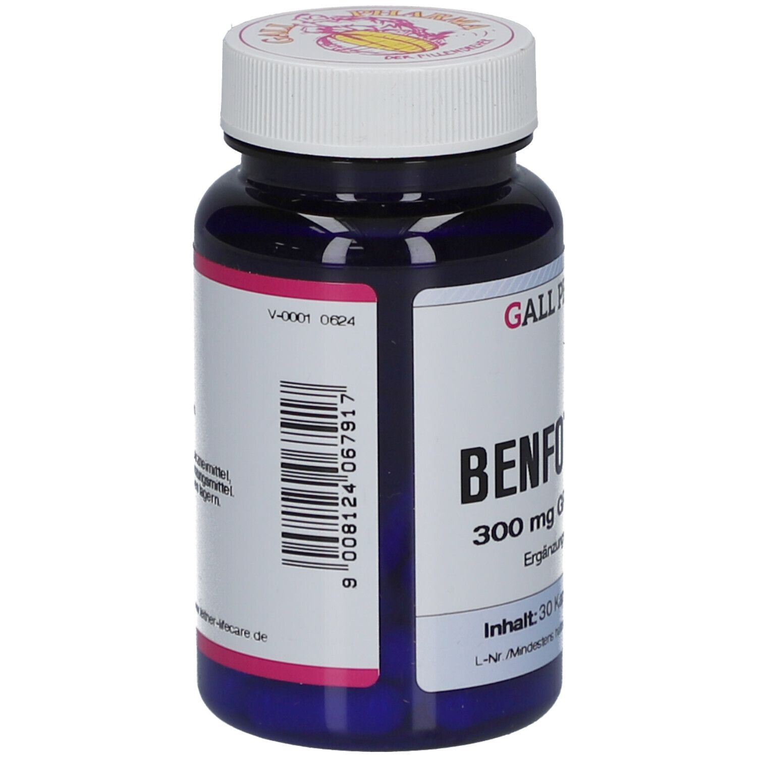 Blaue Flasche mit weißem Deckel. Aufschrift: Benfotiamin 300 mg GPH Kapseln. Barcode und weitere Informationen.