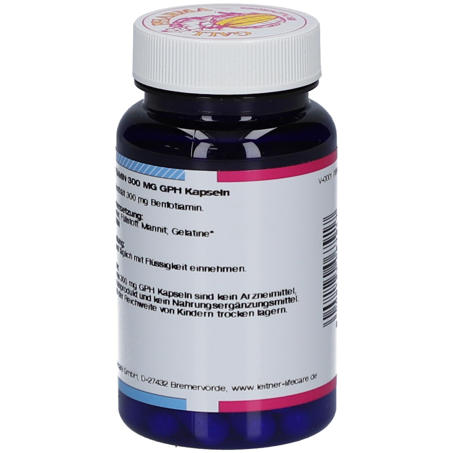 Blaue Flasche mit weißem Deckel. Rückseite mit Text: Benfotiamin 300 mg GPH Kapseln. Inhaltsstoffe und Anwendung.