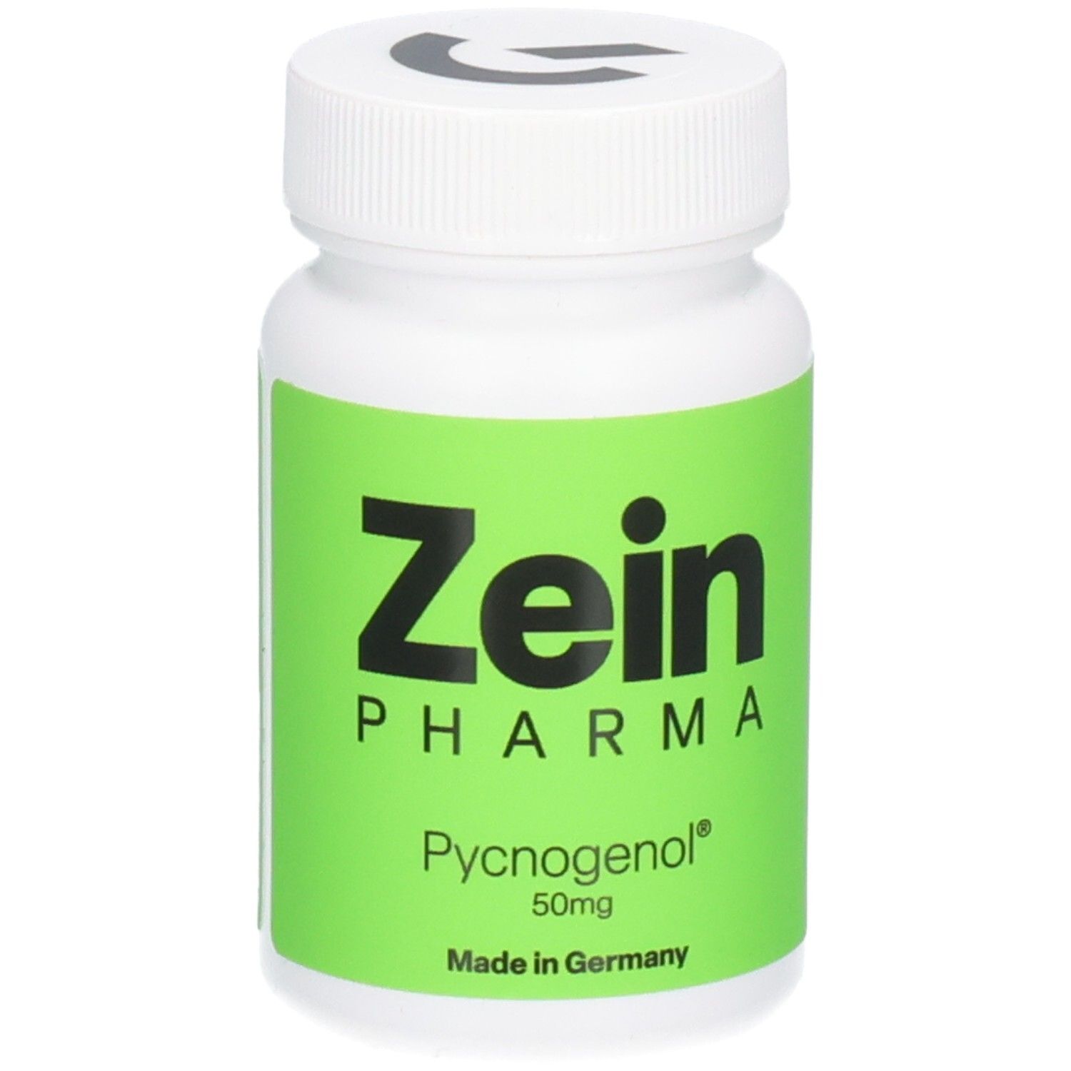 Weiße Dose mit grünem Etikett: Zein Pharma Pycnogenol 50mg Kapseln, Made in Germany.
