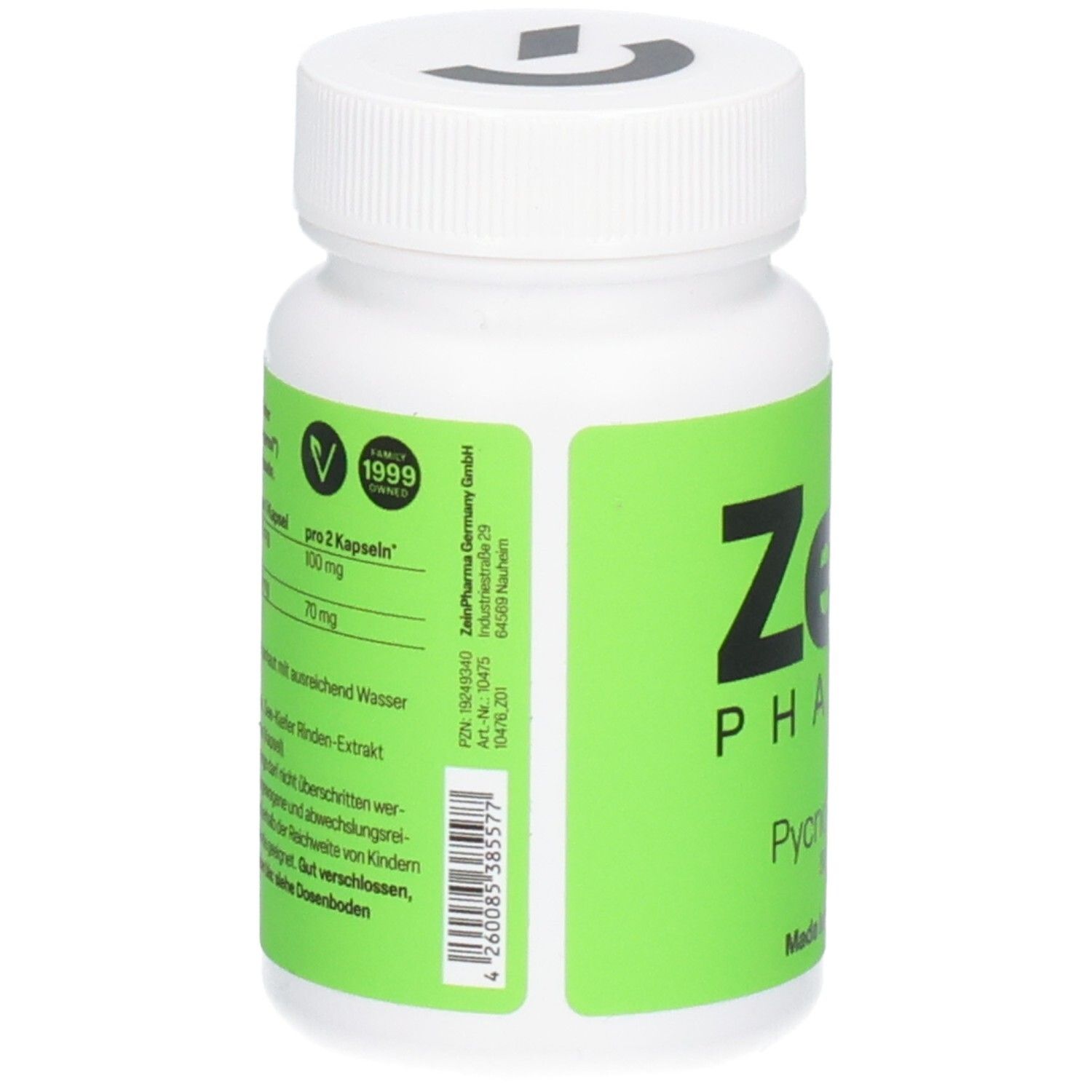 Rückseite einer weißen Dose mit grünem Etikett: Zein Pharma Pycnogenol Kapseln, Nährwertangaben, PZN und Barcode.