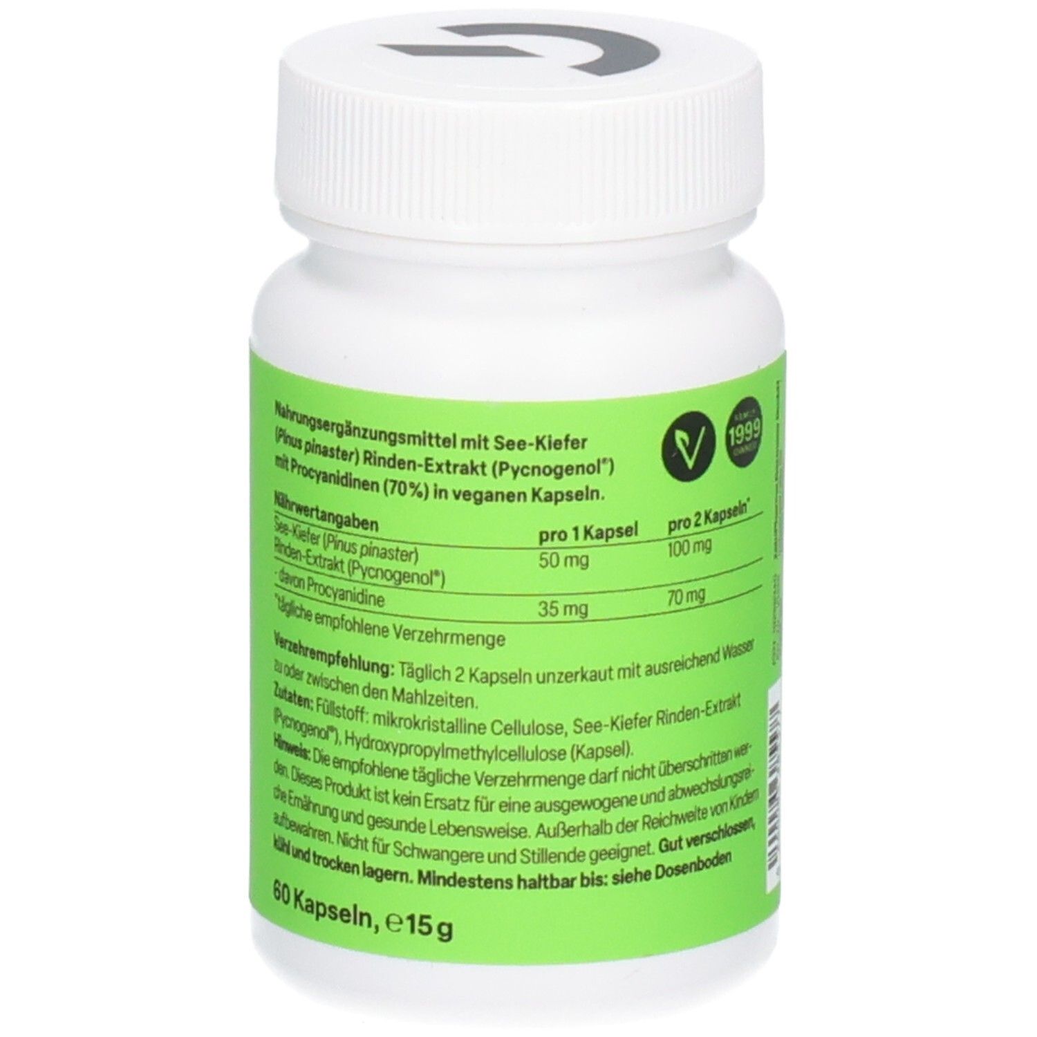 Rückseite einer weißen Dose mit grünem Etikett: Zein Pharma Pycnogenol Kapseln, Inhaltsstoffe, Verzehrempfehlung, 60 Kapseln.
