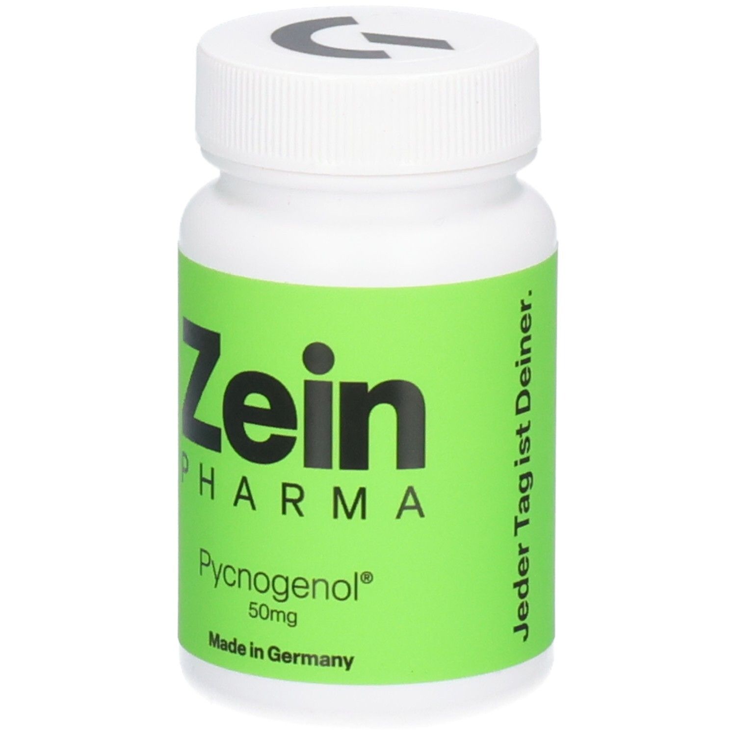 Weiße Dose mit grünem Etikett: Zein Pharma Pycnogenol 50mg Kapseln, Made in Germany, mit seitlichem Text.