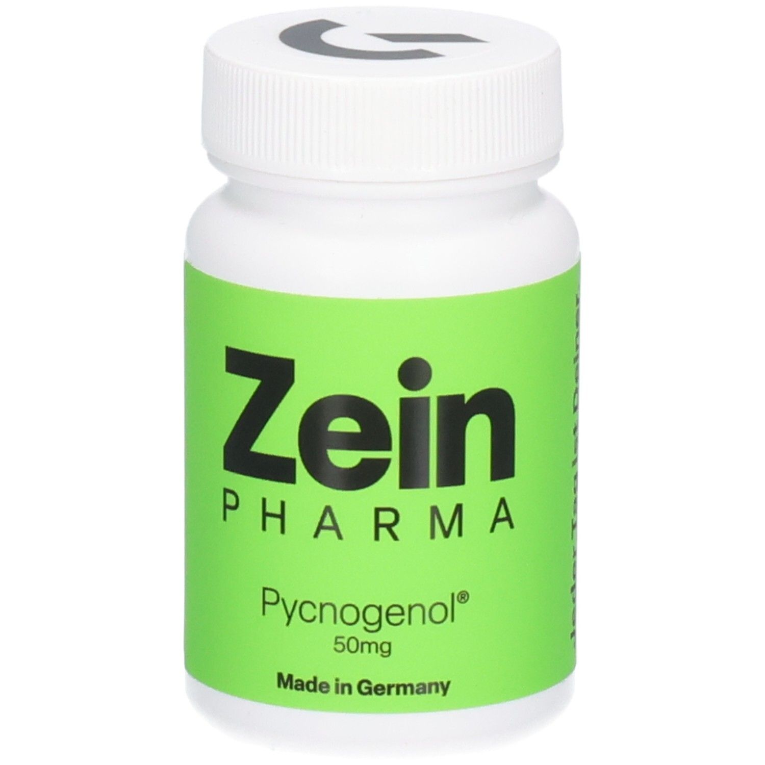 Weiße Dose mit grünem Etikett: Zein Pharma Pycnogenol 50mg Kapseln, Made in Germany.