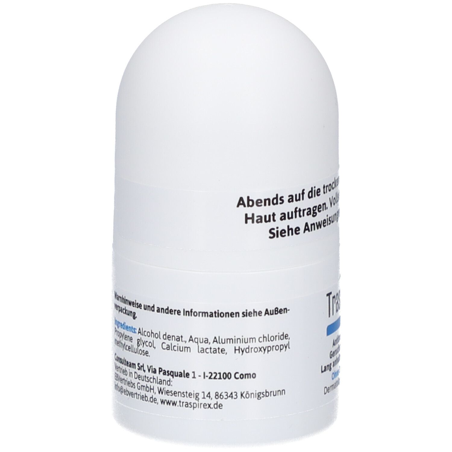 Roll-on déodorant blanc. Inscription: TraspireX Classic. Ingrédients: Alcohol denat, Aqua, Aluminium chloride, Propylene glycol, Calcium lactate.