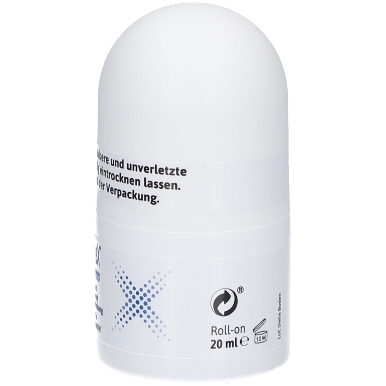 Roll-on déodorant blanc. Inscription: TraspireX Classic. Roll-on 20 ml. Symbole de recyclage.
