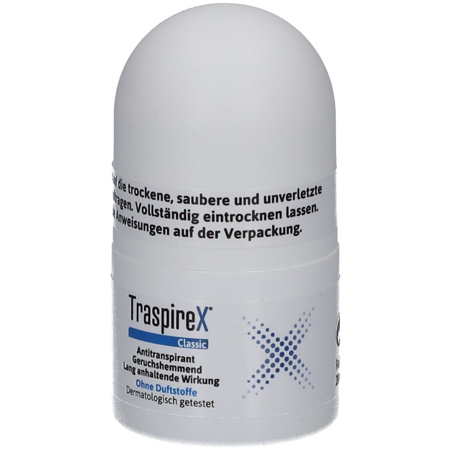 Roll-on déodorant blanc. Inscription: TraspireX Classic Antitranspirant. Sans parfum. Testé dermatologiquement. Graphique X bleu.