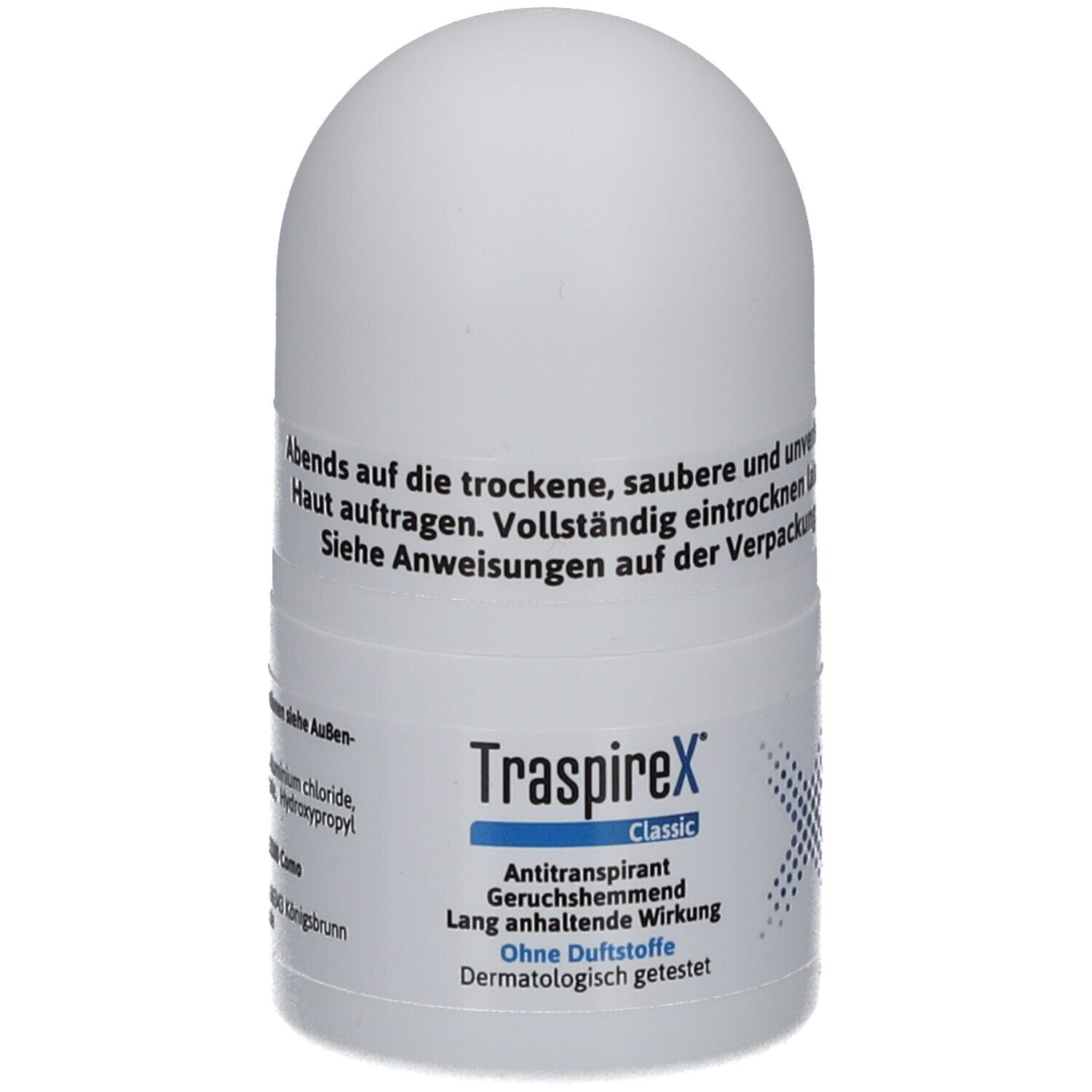 Roll-on déodorant blanc. Inscription: TraspireX Classic Antitranspirant. Sans parfum. Testé dermatologiquement. Graphique X bleu.