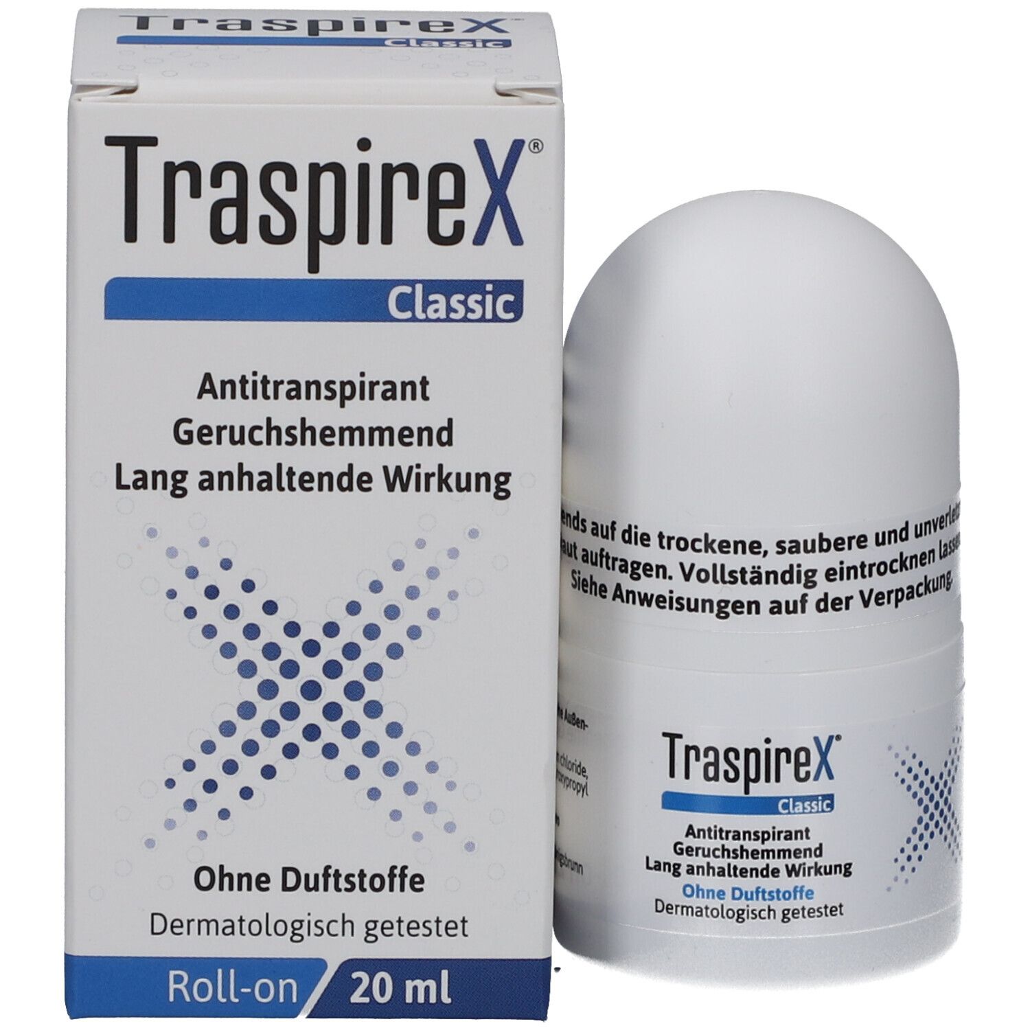 Emballage du produit et roll-on déodorant. Inscription: TraspireX Classic Antitranspirant. Sans parfum. 20 ml.