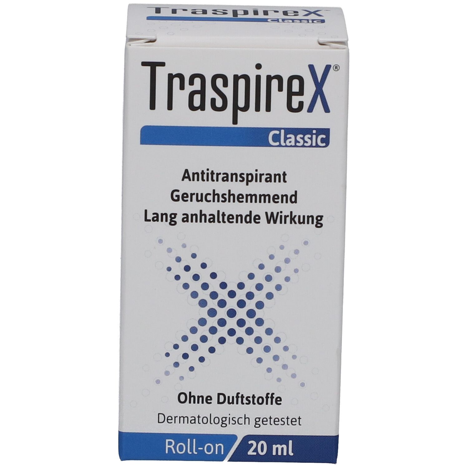 Emballage du produit. Inscription: TraspireX Classic Antitranspirant. Sans parfum. 20 ml. Graphique X bleu.