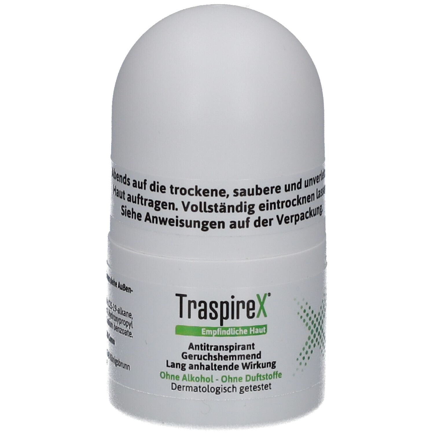 Déodorant roll-on blanc avec étiquette verte. Texte: TraspireX, Peau sensible, anti-transpirant, sans parfum, sans alcool.