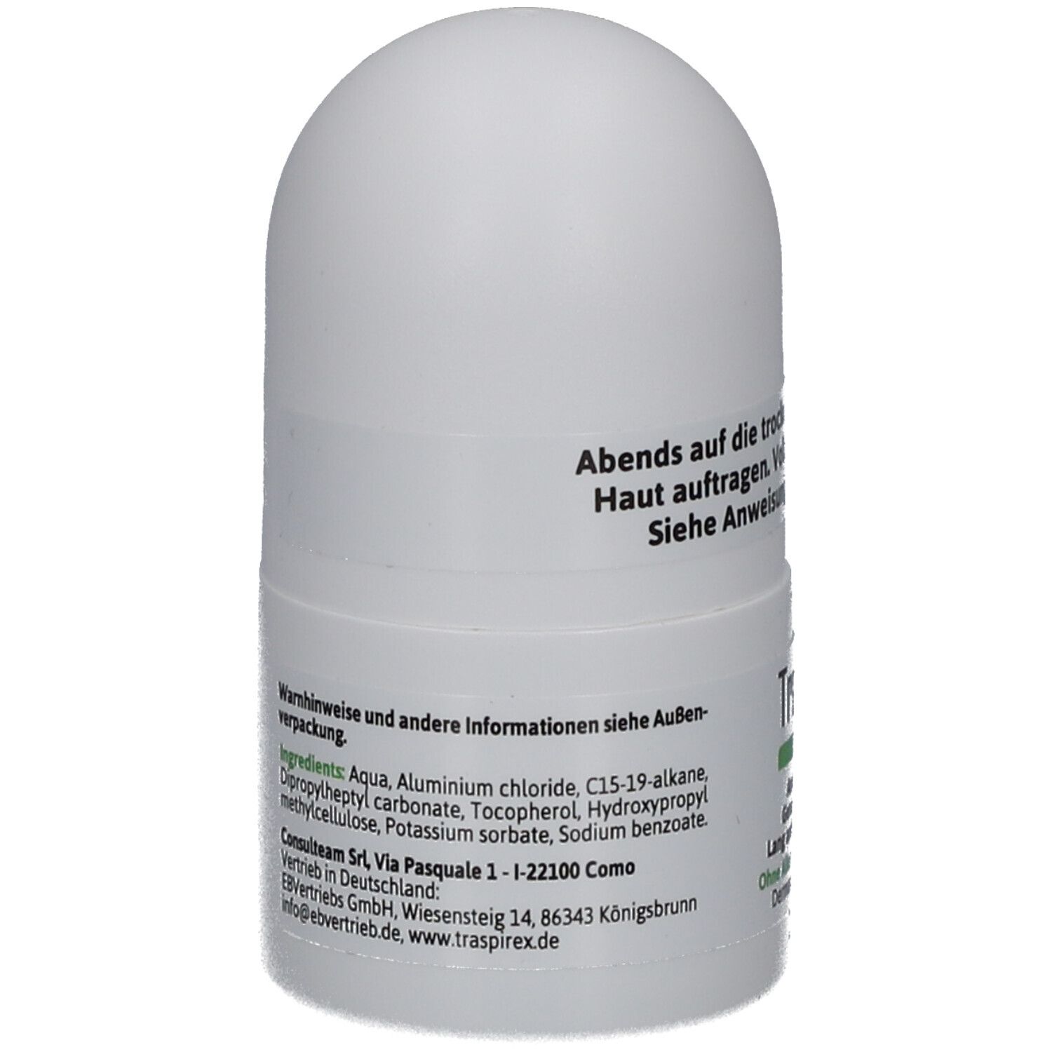 Déodorant roll-on blanc. Dos avec texte: Ingrédients, avertissements, distribution. Texte: TraspireX, Peau sensible, sans alcool, sans parfum.