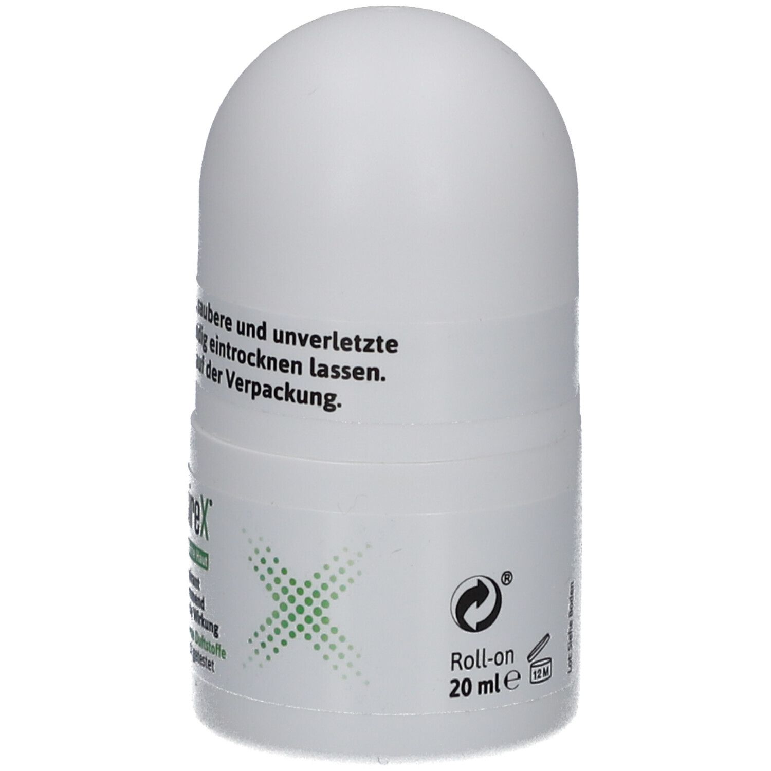 Déodorant roll-on blanc. Impression: 20 ml, roll-on. Texte: TraspireX, Peau sensible, anti-transpirant, sans parfum, sans alcool.
