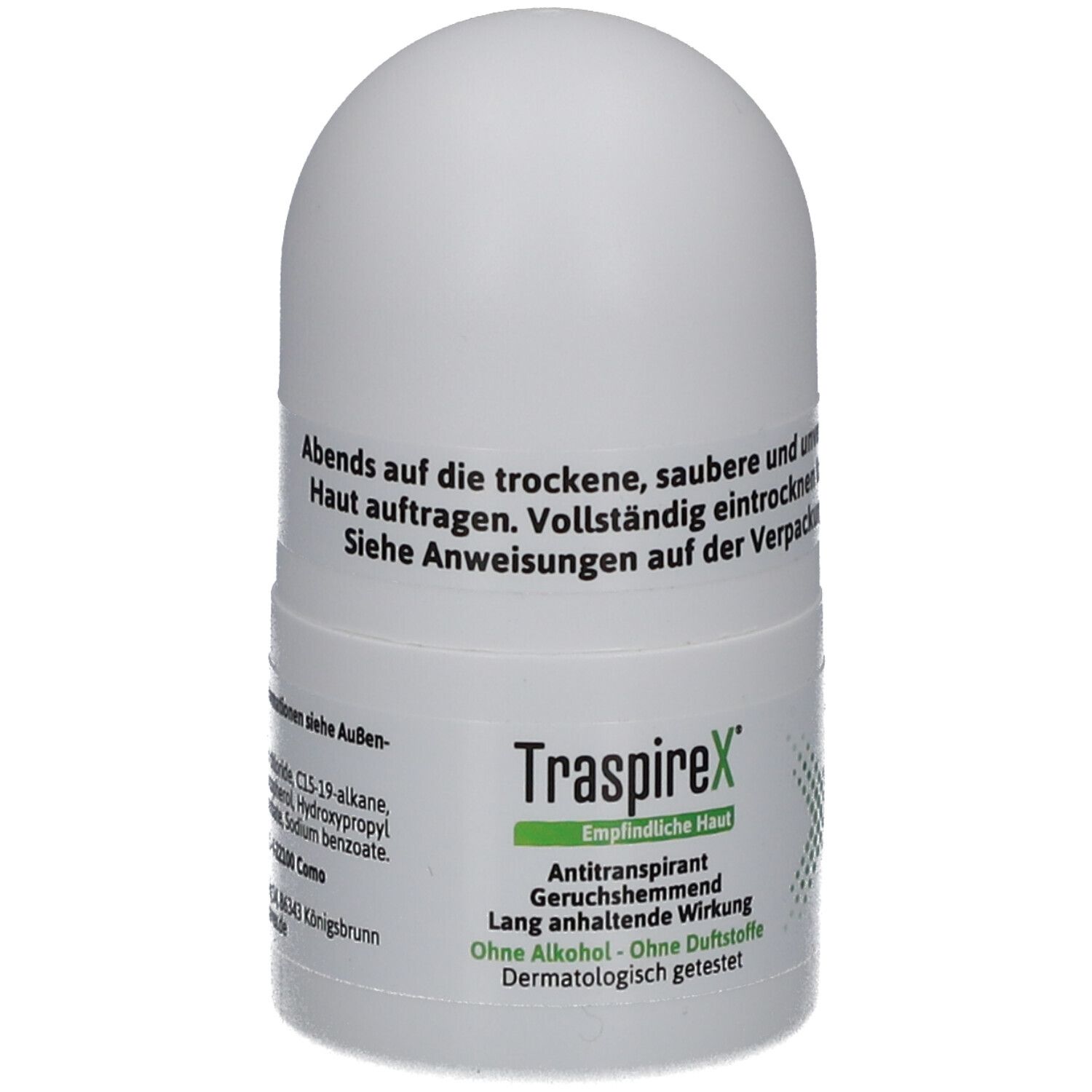 Déodorant roll-on blanc. Texte: TraspireX, Peau sensible, anti-transpirant, sans parfum, sans alcool, testé dermatologiquement.