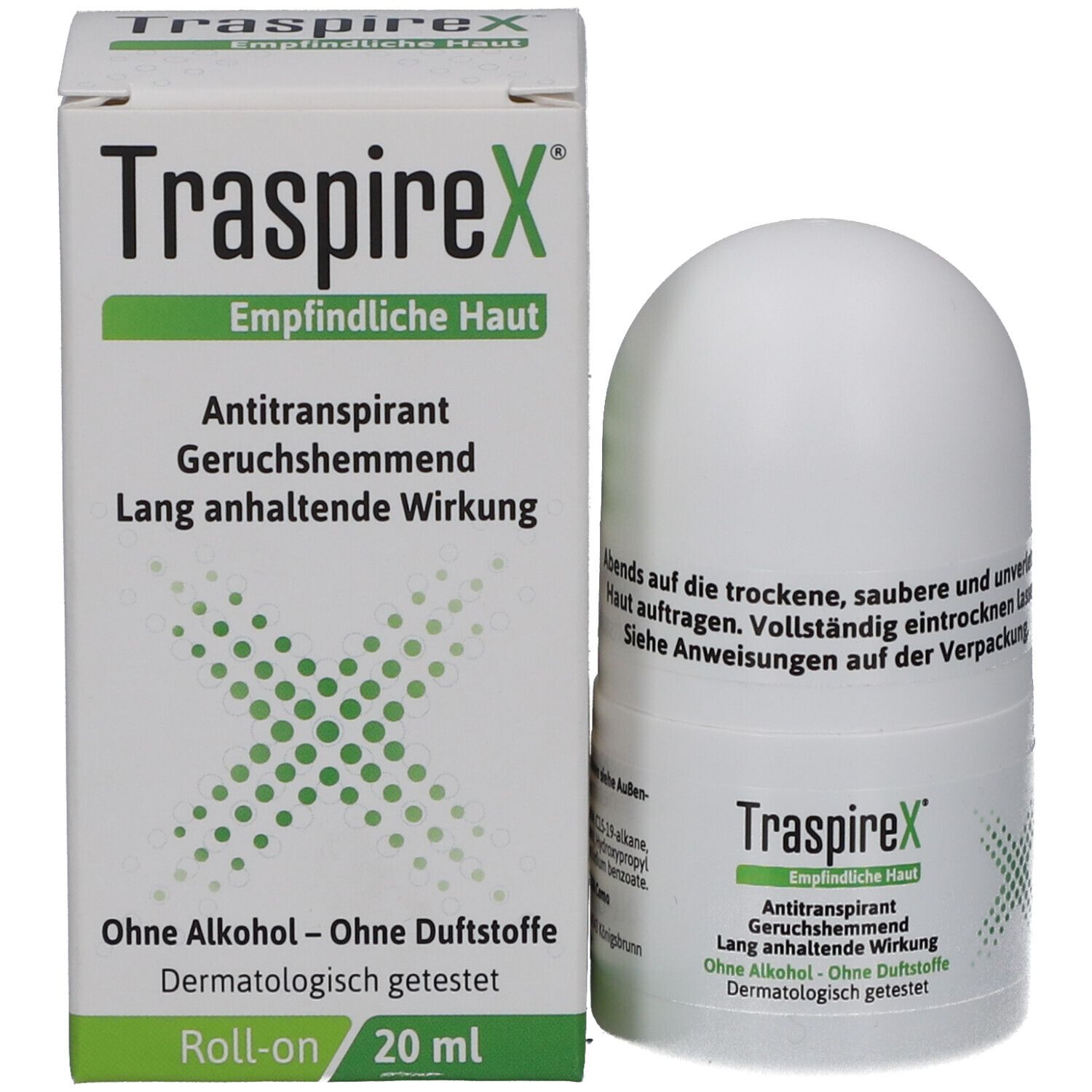 Emballage du produit et déodorant roll-on. Emballage: TraspireX, Peau sensible, anti-transpirant, sans alcool, sans parfum, 20 ml.