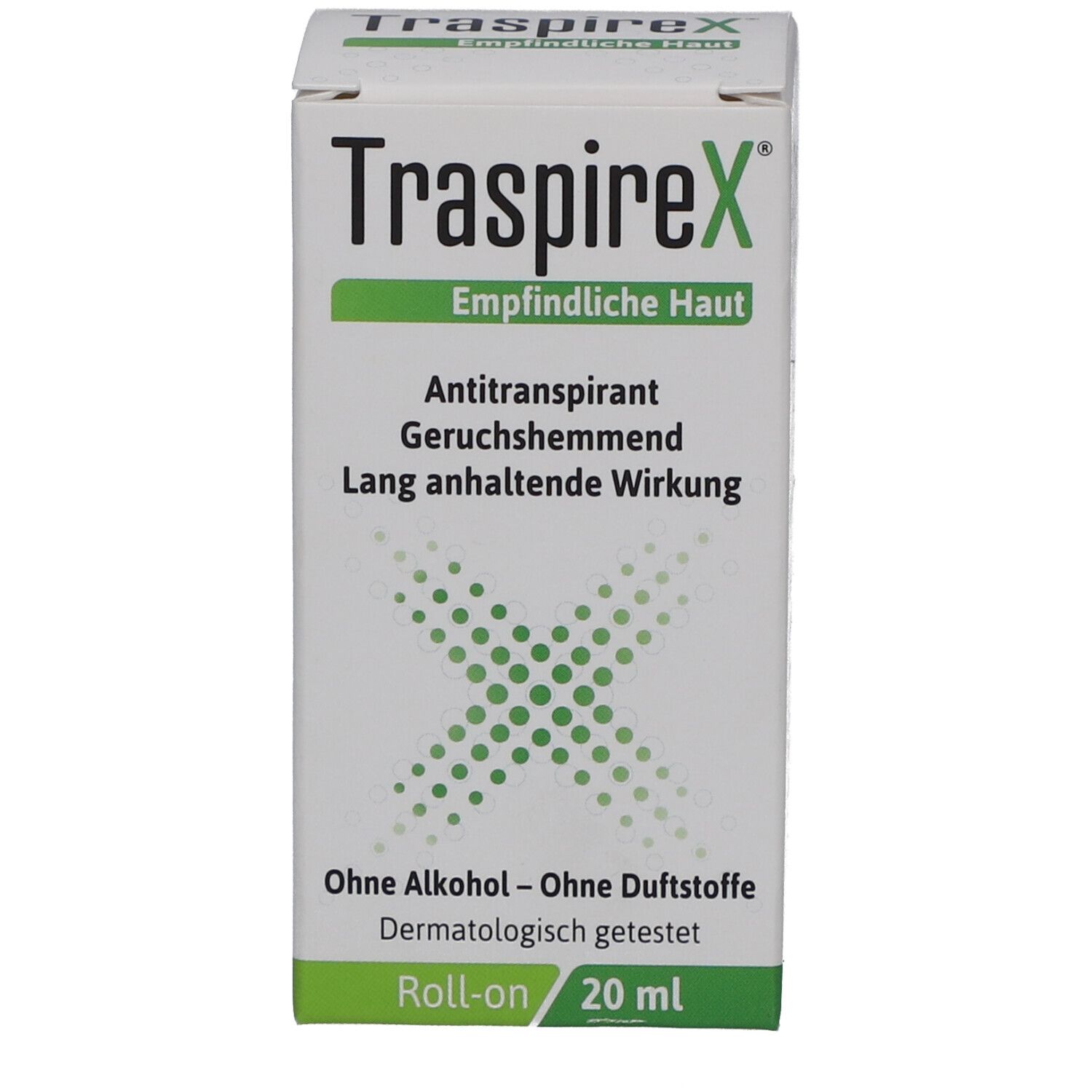 Emballage du produit. Texte: TraspireX, Peau sensible, anti-transpirant, sans parfum, sans alcool, 20 ml.