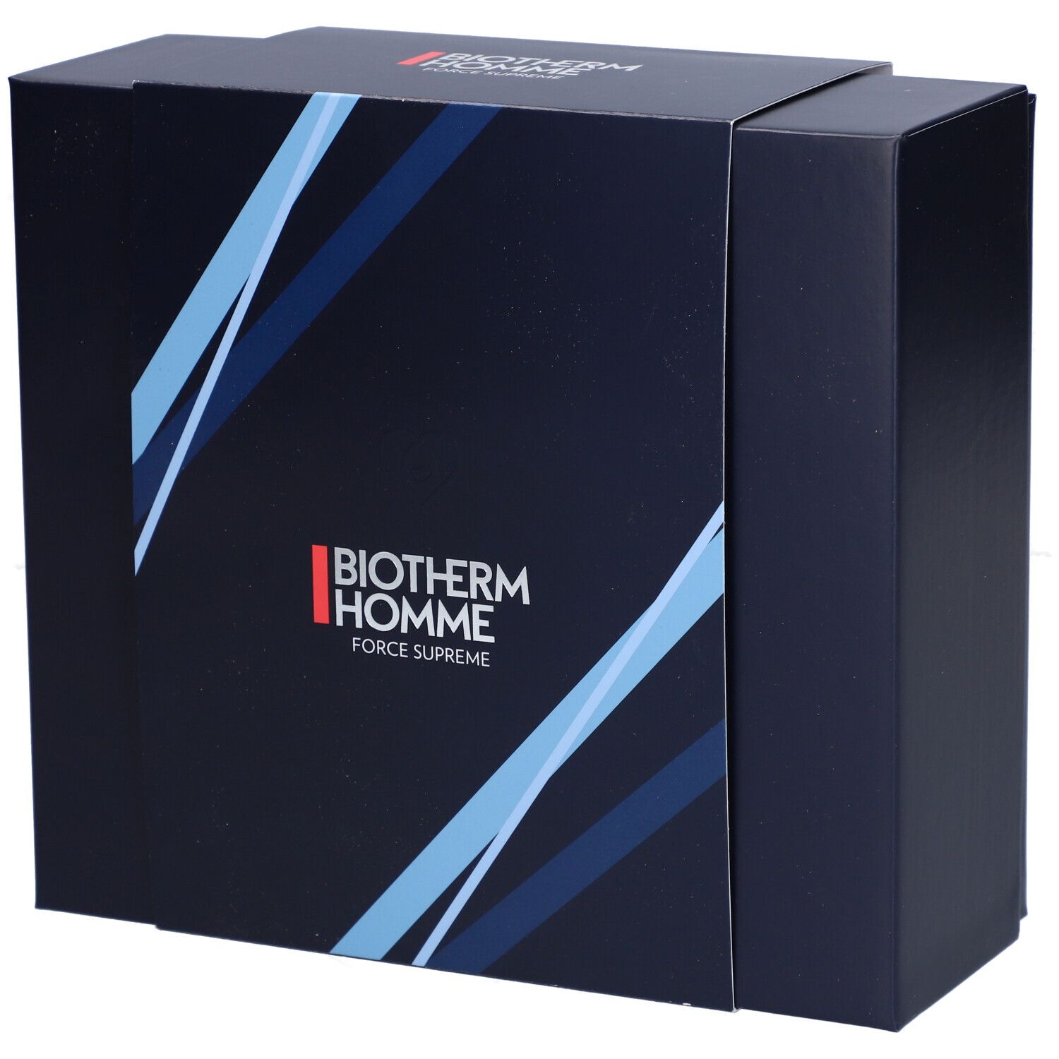 Dunkelblaue Geschenkbox mit dem Logo Biotherm Homme und dem Schriftzug Force Supreme. Eckige Form.
