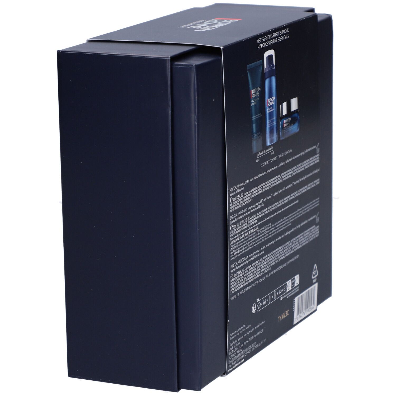 Geschenkbox, teilweise geöffnet, mit Produktinformationen auf der Rückseite. Mehrsprachiger Text.