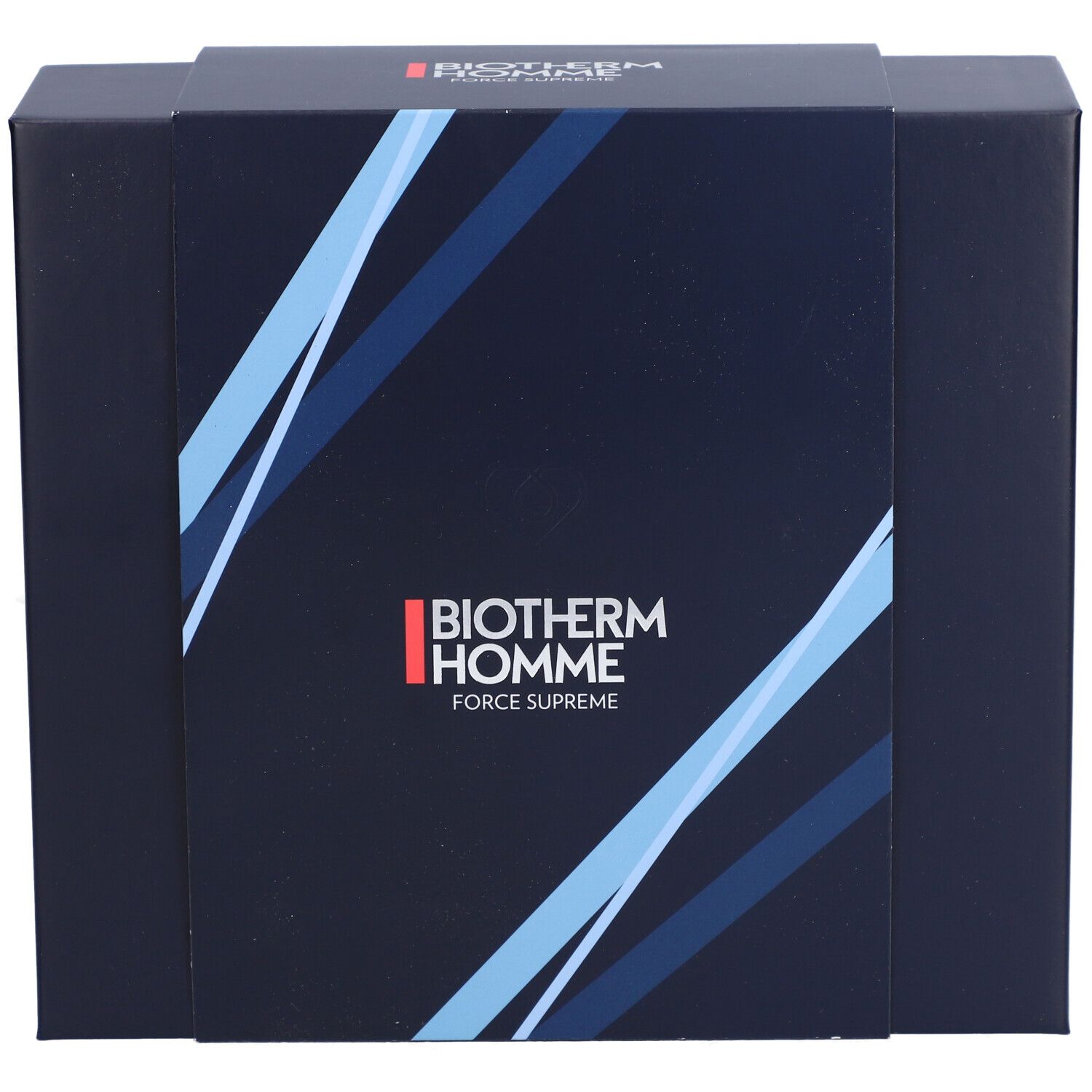 Dunkelblaue Geschenkbox mit Biotherm Homme Logo und Force Supreme Schriftzug. Blaue diagonale Streifen.
