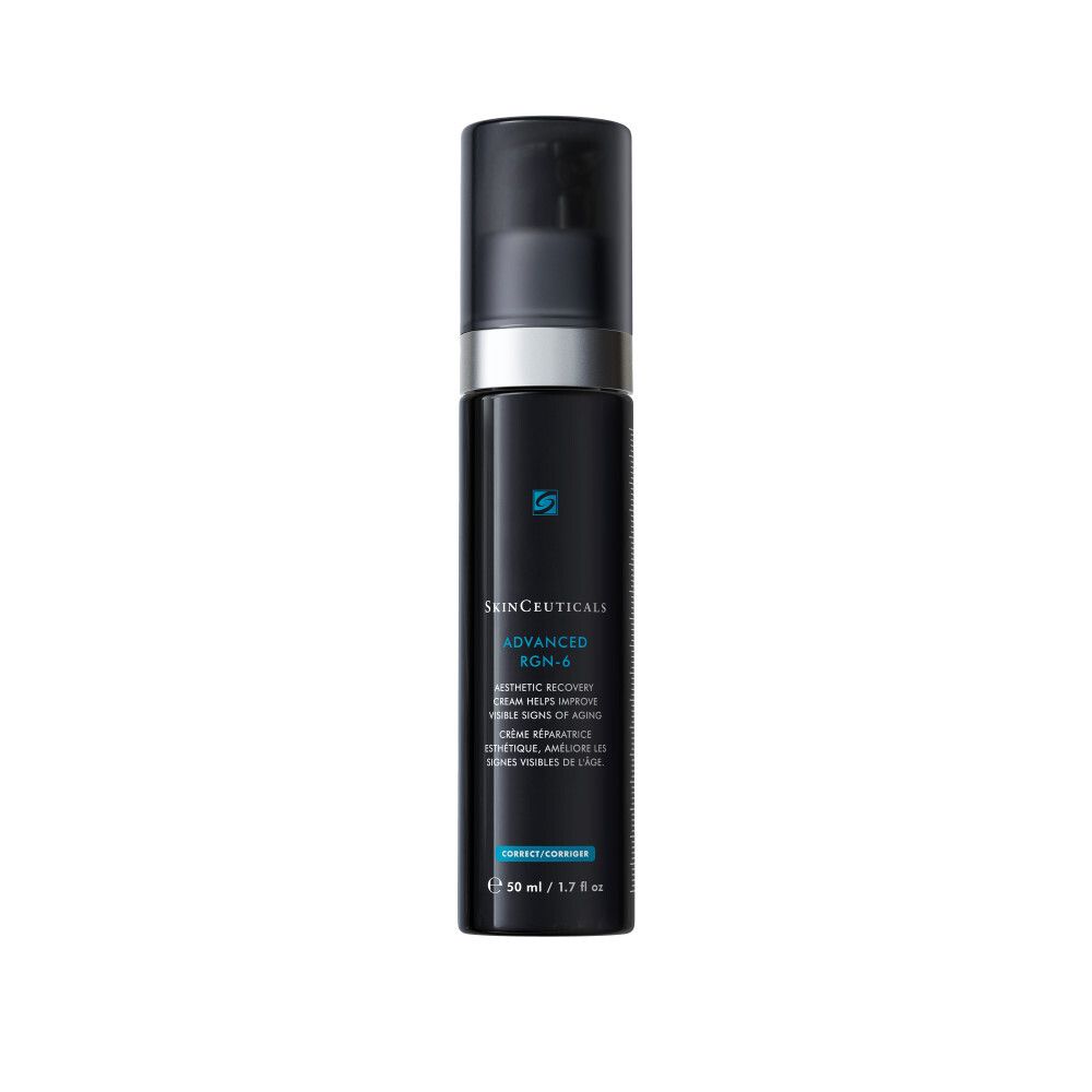 Flacon noir avec pompe doseuse. SkinCeuticals Advanced RGN-6 Crème. Accents bleus et argentés. 50 ml.