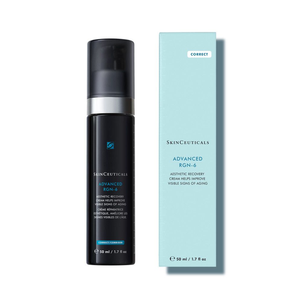 SkinCeuticals Advanced RGN-6 Crème et emballage. Emballage bleu avec informations sur le produit. 50 ml.