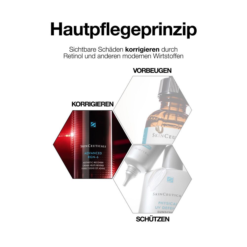 Principe de soin de la peau. Corriger, Prévenir, Protéger. SkinCeuticals Advanced RGN-6 Crème.