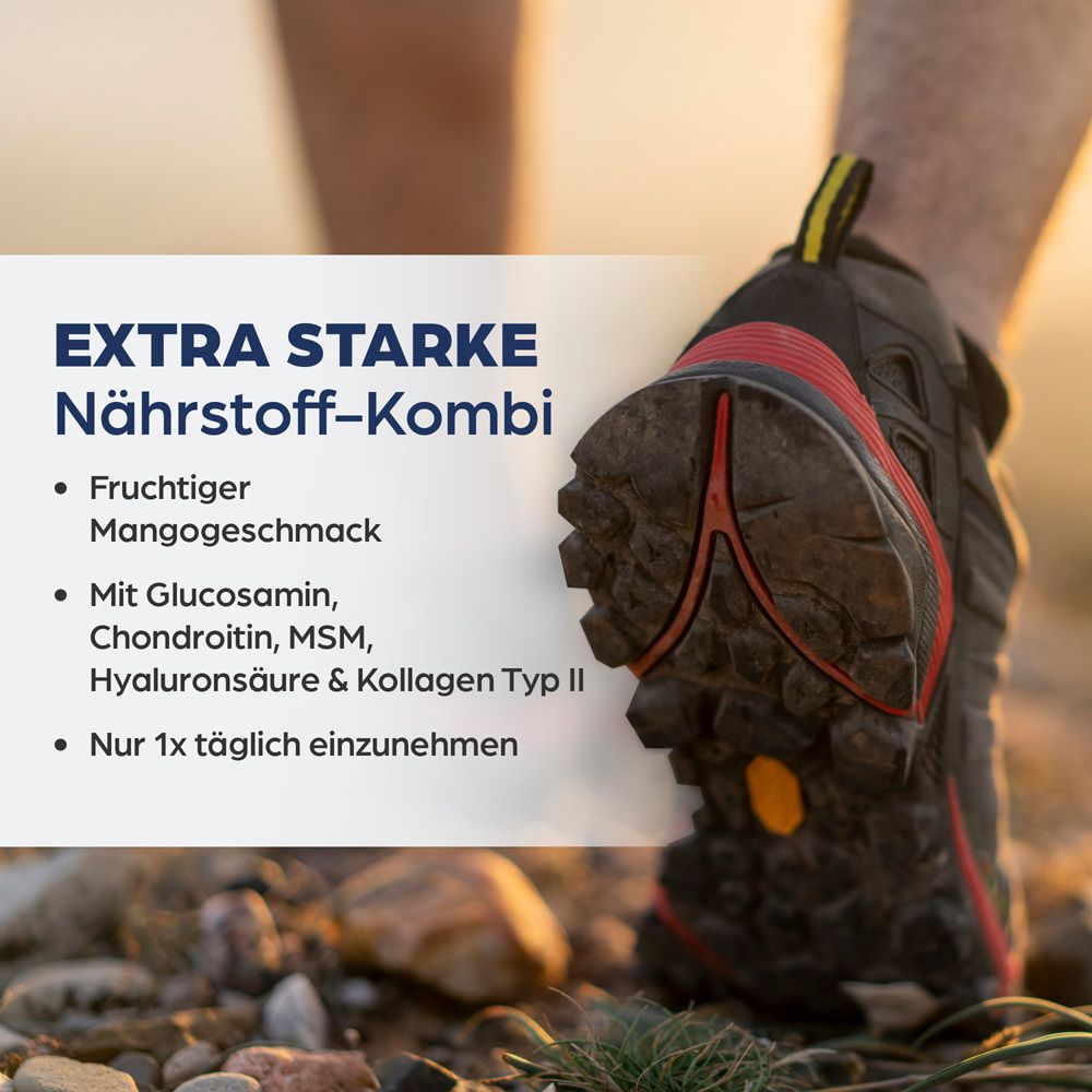 Verre avec boisson jaune et cuillère. Illustration de mangue. Texte : "Nutriments articulaires à boire".