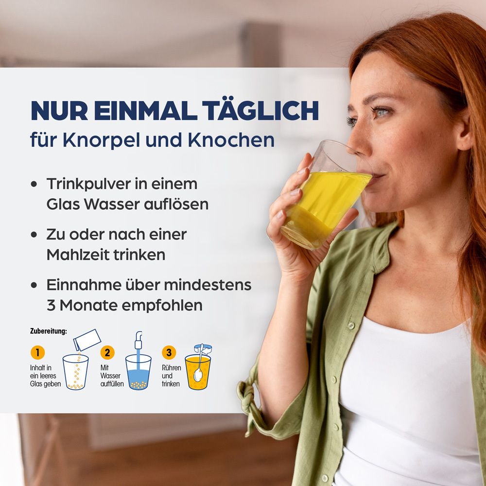 Verre avec boisson jaune et boîte. Texte : "Idéal pour tous ceux qui..." et nom du produit.