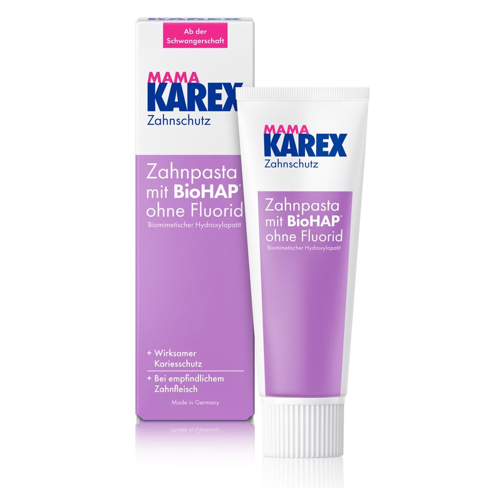 Tube et boîte de dentifrice. Inscription : MAMA KAREX Zahnschutz. Texte : Zahnpasta mit BioHAP ohne Fluorid.