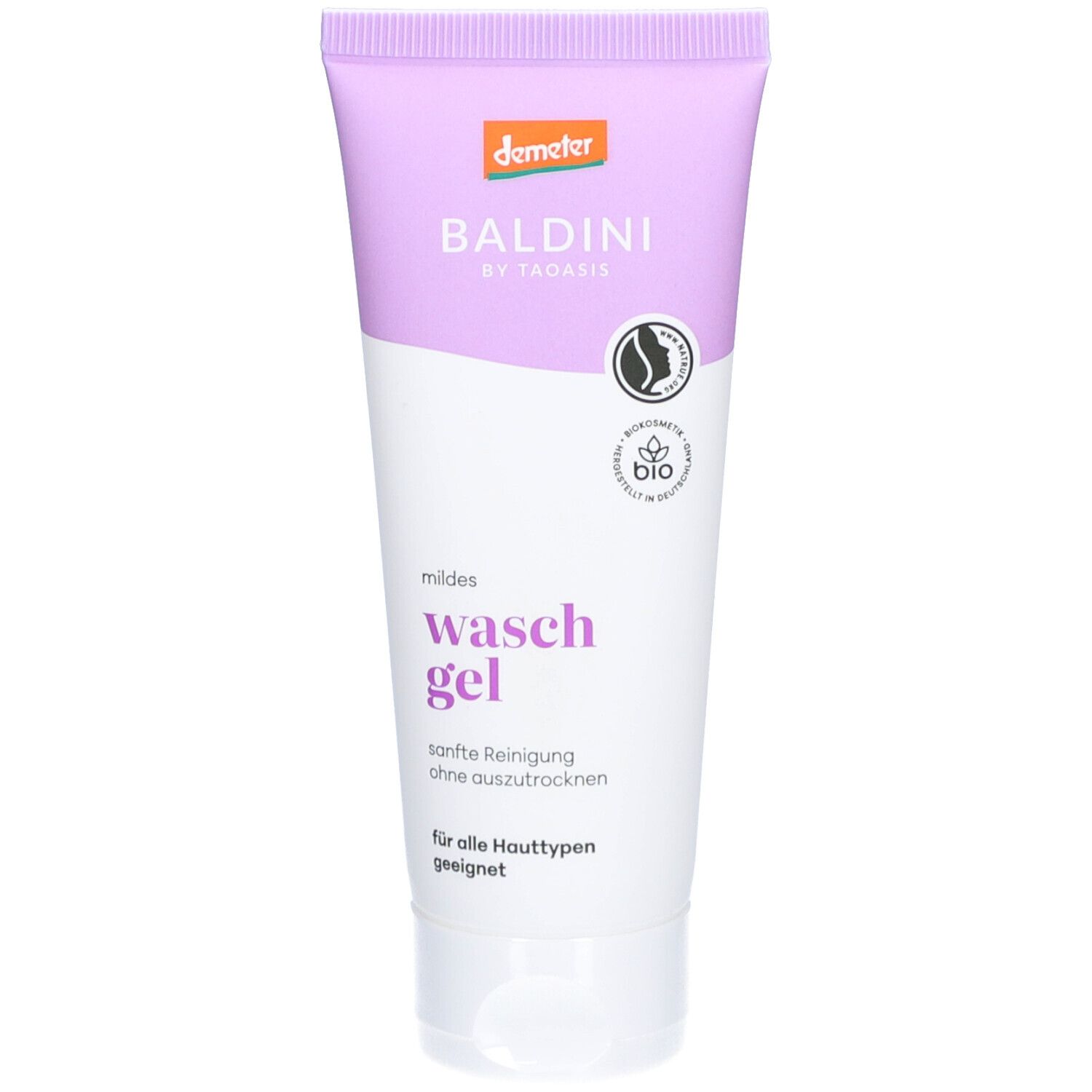 Tube de gel lavant blanc et lilas, nom du produit et label bio. Texte : "milde Waschgel".