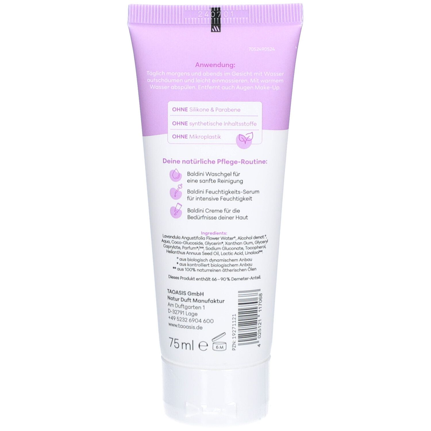 Dos du tube de gel lavant. Texte : "Anwendung", "OHNE Silikone & Panthenol", "75ml".