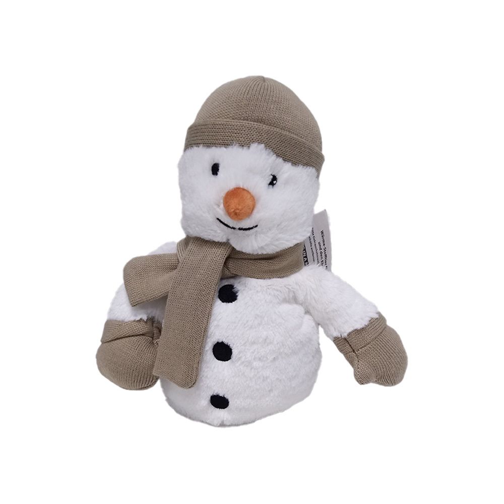 Weißer Schneemann mit brauner Mütze, Schal und Handschuhen. Schwarze Knöpfe auf dem Bauch. Etikett am Arm.