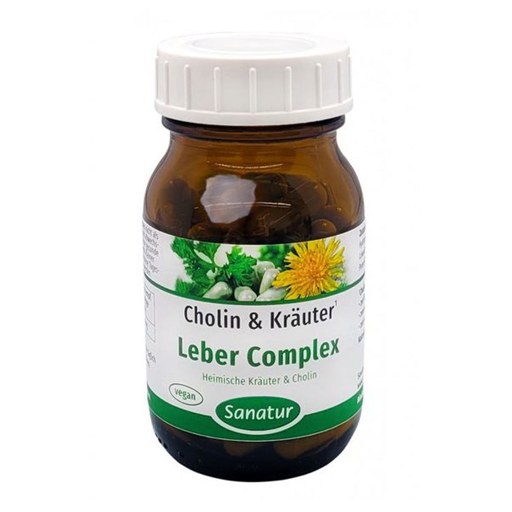 Bouteille en verre brun avec bouchon à vis blanc, étiquette "Leber Complex Cholin & Kräuter" et illustration d'herbes.