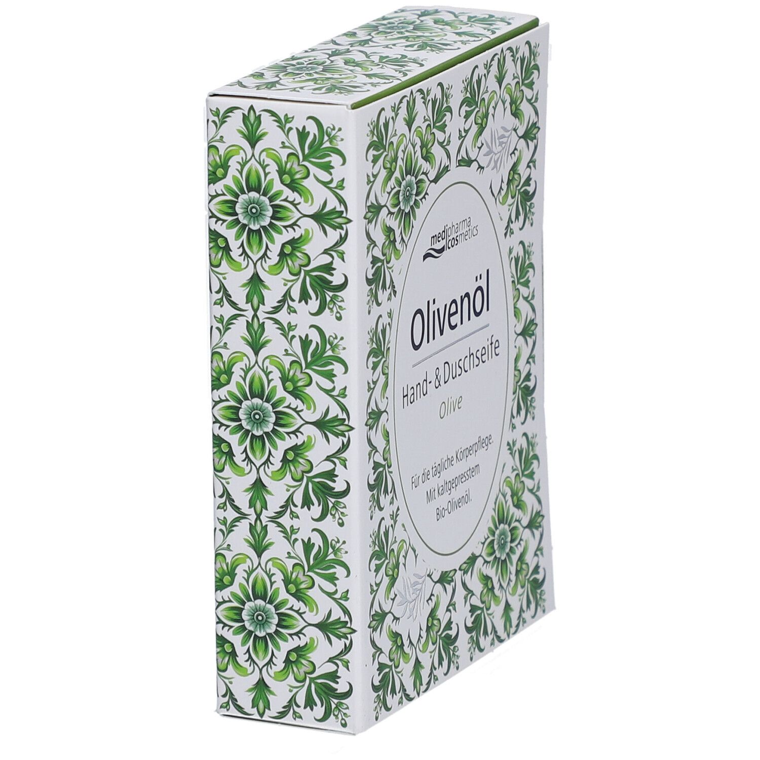 Vue en biais de l'emballage du savon mains et douche à l'huile d'olive. Boîte blanche avec motif floral vert.
