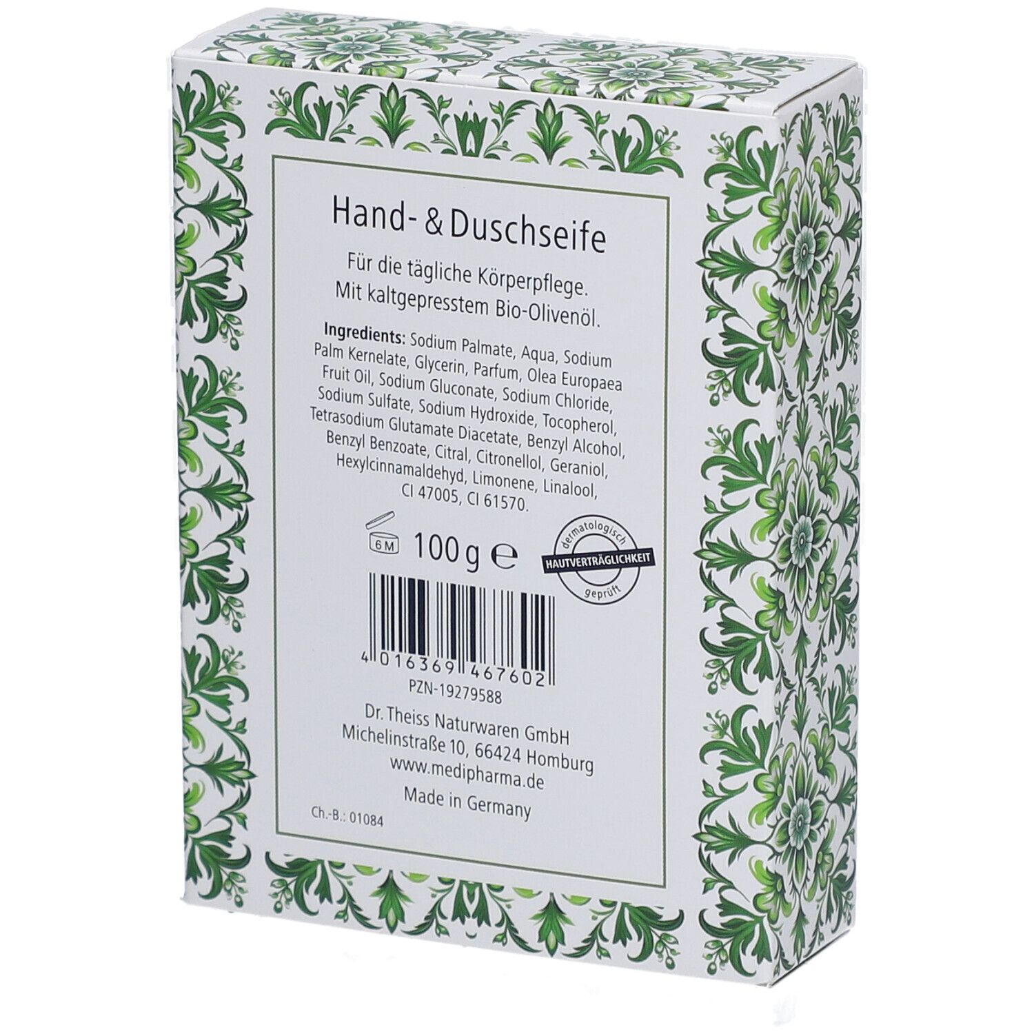 Dos de l'emballage du savon mains et douche à l'huile d'olive. Contient ingrédients, poids et informations fabricant.