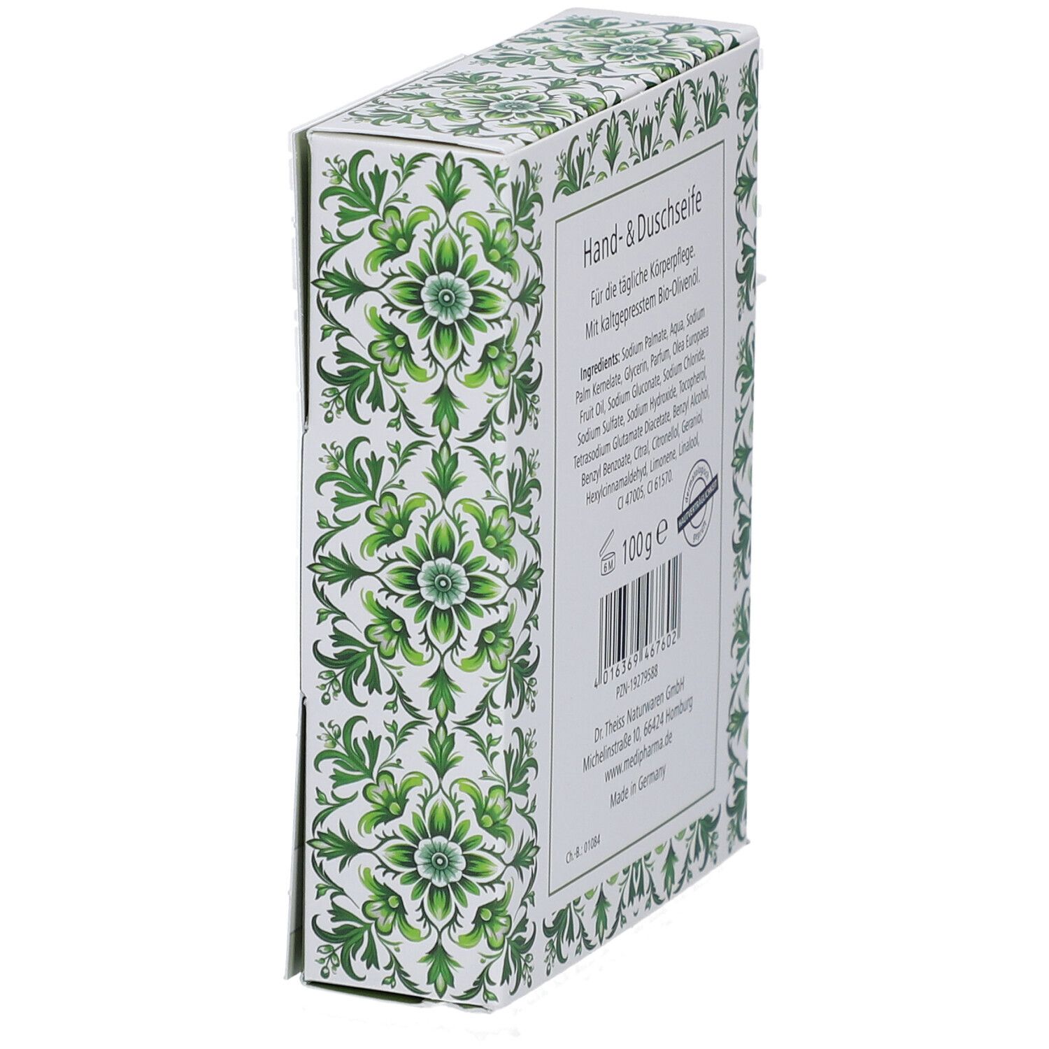 Vue en biais du dos de l'emballage du savon mains et douche à l'huile d'olive. Ingrédients, poids et informations fabricant.