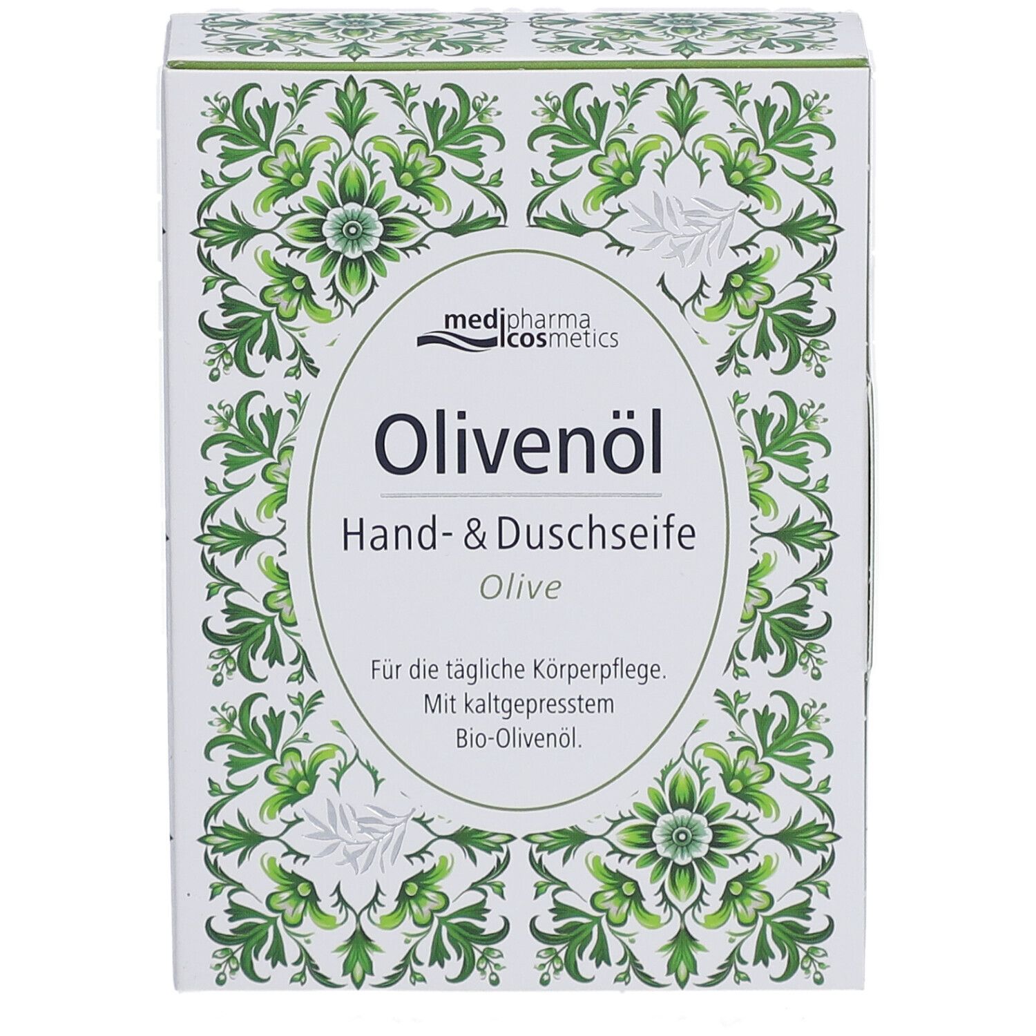 Vue de face de l'emballage du savon mains et douche à l'huile d'olive. Boîte blanche avec motif floral vert et informations.