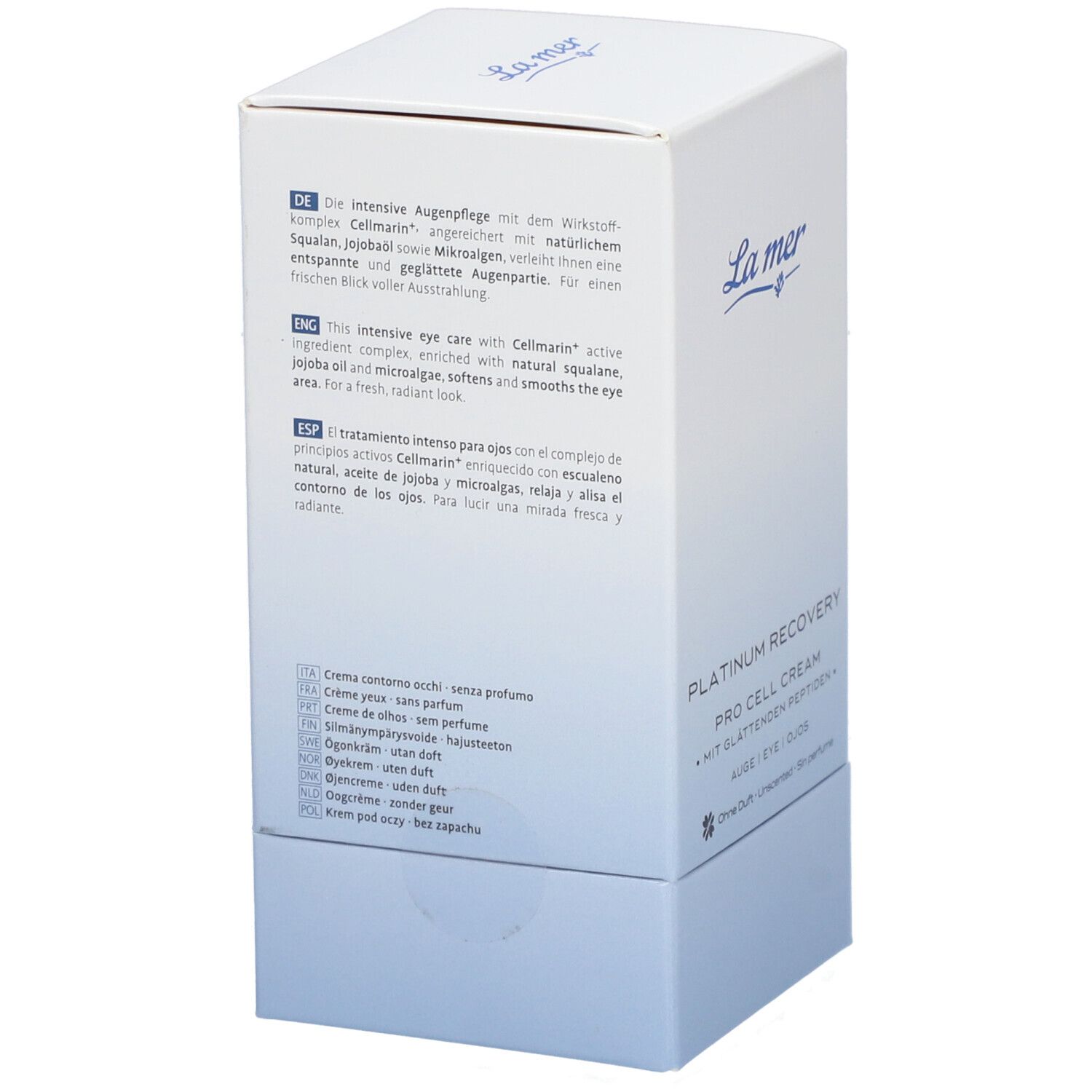 Rückseite der La mer Augencreme-Verpackung. Text in Deutsch, Englisch, Spanisch. Inhaltsstoffe und Anwendungshinweise.