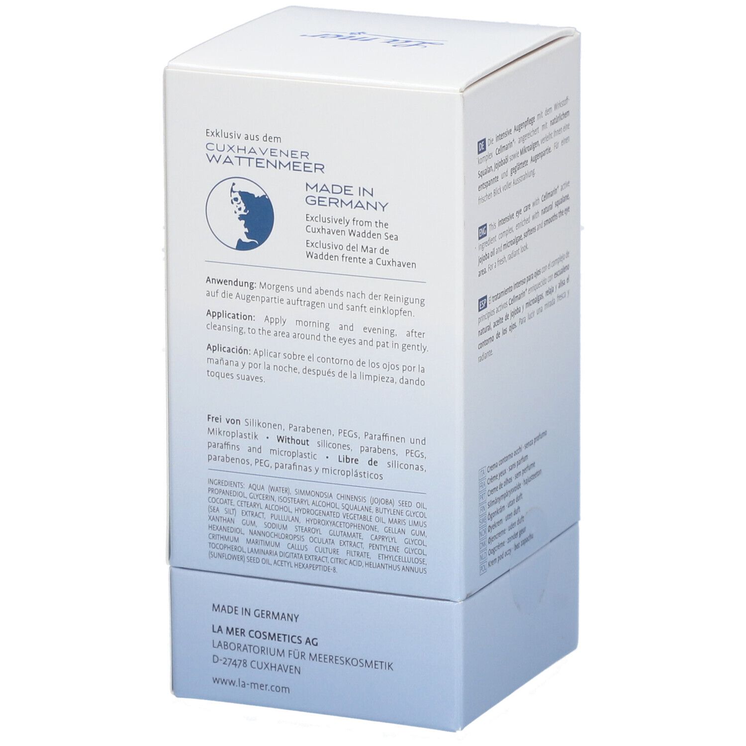 Rückseite der La mer Augencreme-Verpackung. Text: Made in Germany. Anwendungshinweise. Inhaltsstoffe.