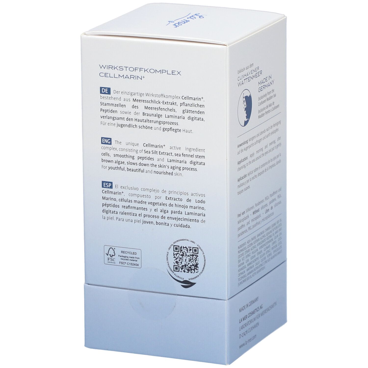 Rückseite der La mer Augencreme-Verpackung. Text: Wirkstoffkomplex Cellmarin. Inhaltsstoffe. QR-Code.