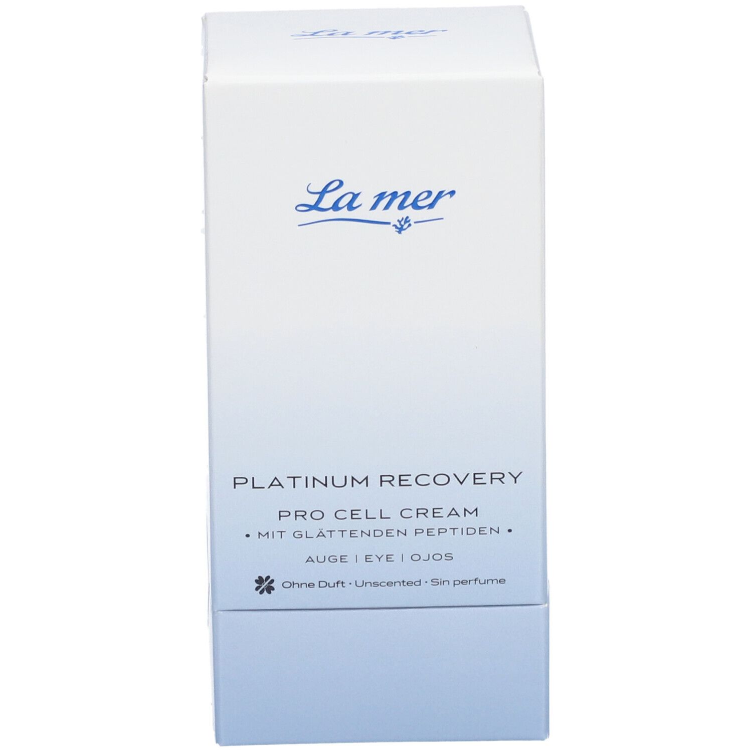 Weiße La mer Verpackung. Produktbezeichnung: Platinum Recovery Pro Cell Cream. Text: Auge/Eye/Ojos. Ohne Duft.